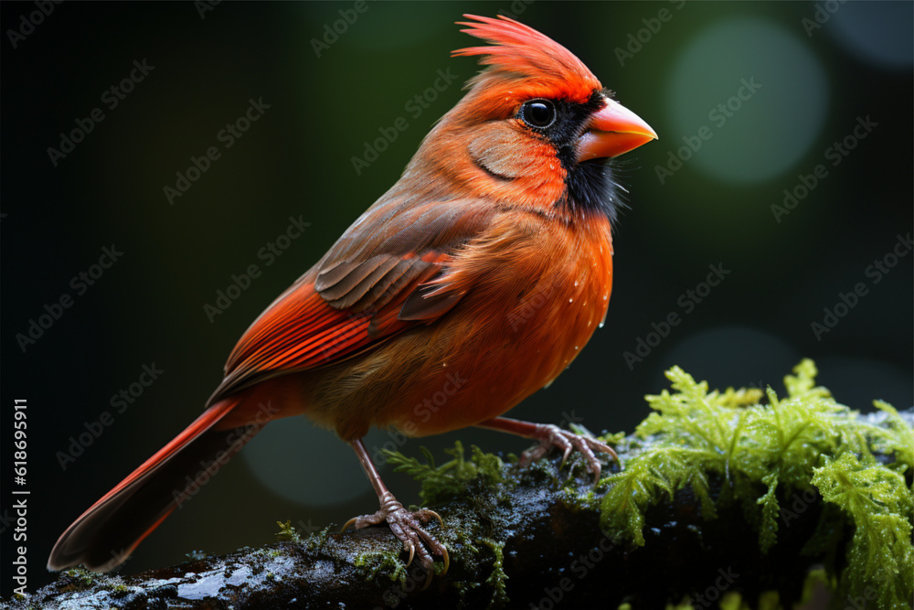Male Northern Cardinal (cardinalis cardinalis) in the rainforest Male Northern Cardinal (cardinalis cardinalis) in the rainforest