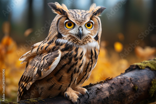 Owl sitting on a branch in the autumn forest. Beautiful owl portrait. photo