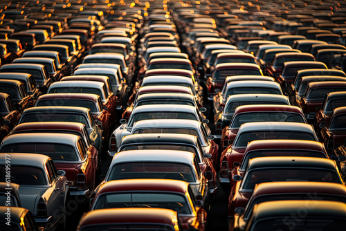 Car rows pattern background. Lot of cars. Generative AI photo