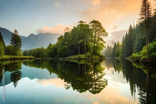Serene jungle lake reflecting the surrounding greenery.