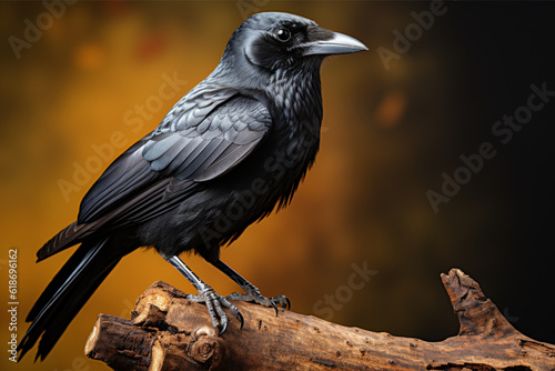 Black crow on a wooden branch on a dark background. Close-up.