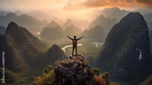 a man tourist is standing with both hands raised After successfully conquering the peak , on top of a mountain, ninhbinh Vietnam,ai generative.