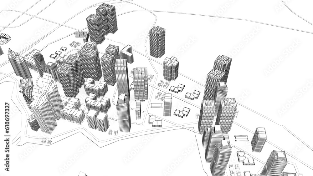 Obraz premium Wireframe Cityscape,Low-polygon cities and buildings,In the city's business district, a tall structure There are rivers and roads.,3d rendering