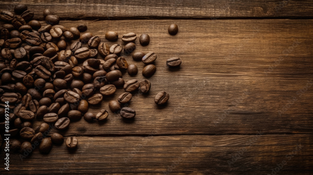 Fototapeta premium Aromatic Delights: Coffee Beans on Natural Wood Table Generative AI