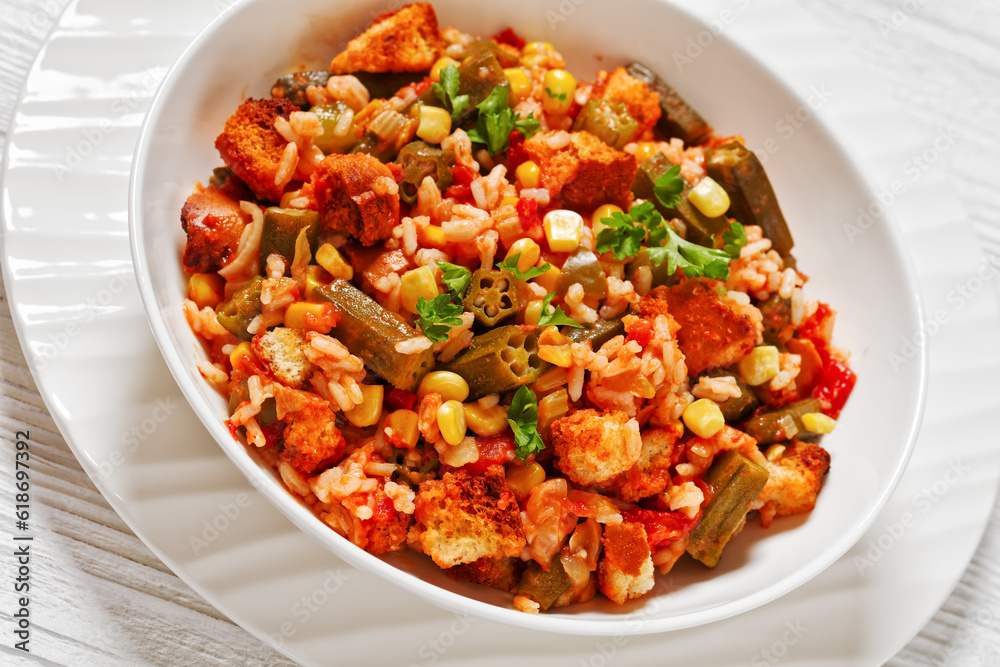 retro okra and rice casserole in white bowl