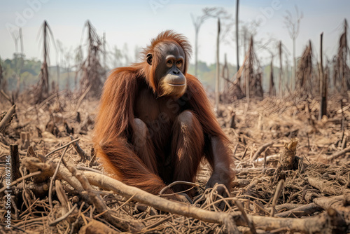 Deforestation orangutan homeless animal renewable energy forest devastation, generated ai