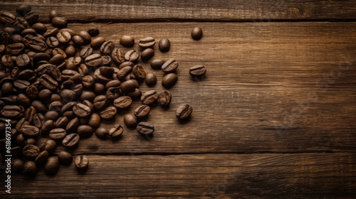 Aromatic Delights: Coffee Beans on Natural Wood Table Generative AI