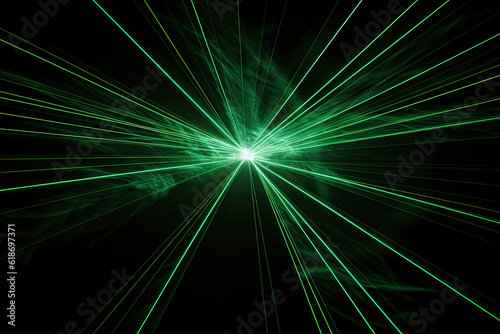 Green neon bright beams of light cutting through black background ,generated ai