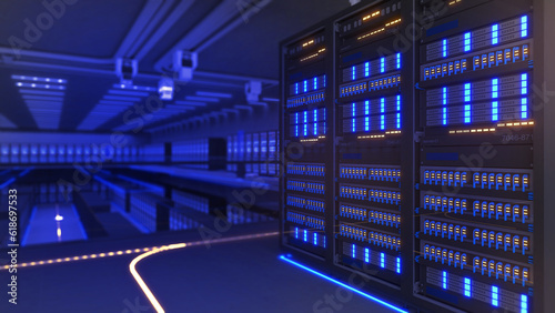 Shot of Data Center With Multiple Rows of Fully Operational Server Racks. Modern Telecommunications, Artificial Intelligence,server room,3d rendering