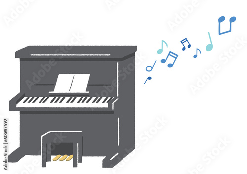 アップライトピアノと楽譜と音符、ベクターイラスト