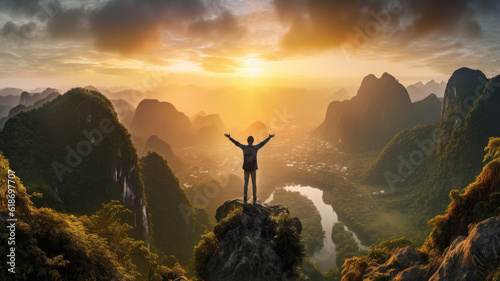 a man tourist is standing with both hands raised After successfully conquering the peak , on top of a mountain, ninhbinh Vietnam,ai generative. photo