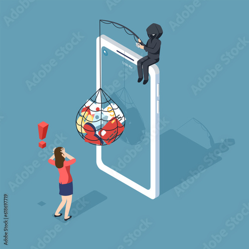 Thief Hacker attacks a smartphone by stealing an account. fraud scam and steal personal data, financial documents on devices. vector illustration flat design for cyber security awareness concept.