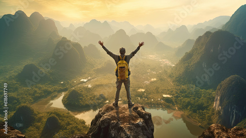 a man tourist is standing with both hands raised After successfully conquering the peak , on top of a mountain, ninhbinh Vietnam,ai generative. © JKLoma