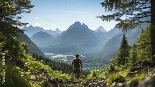 A man with big backpack hiking in high. There are many sharp peaks behind. He is standing on a big boulder, enjoying the view. There are a few trees around. Sunny day © Media Srock
