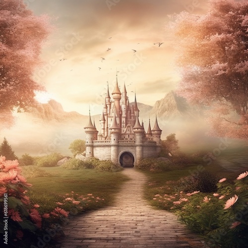 FairyTale landscape, the road leading to the castle. fantasy illustration. generative ai