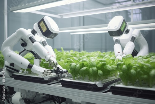 Robots Lettuce Plants in Lab Futuristic Robotic Farmers Transforming Agriculture with Advanced Technology Farm Automation Generative AI