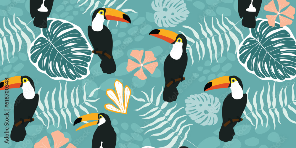 Obraz premium Set of Seamless Patterns With Tropical Leaves and bird