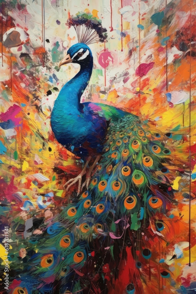 Obraz premium peacock form and spirit through an abstract lens. dynamic and expressive peacock print by using bold brushstrokes, splatters, and drips of paint. peacock raw power and untamed energy