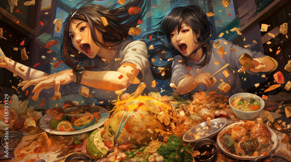 manga girls engaged in a hilarious and chaotic food-eating challenge, with food flying in all directions, AI-Generated