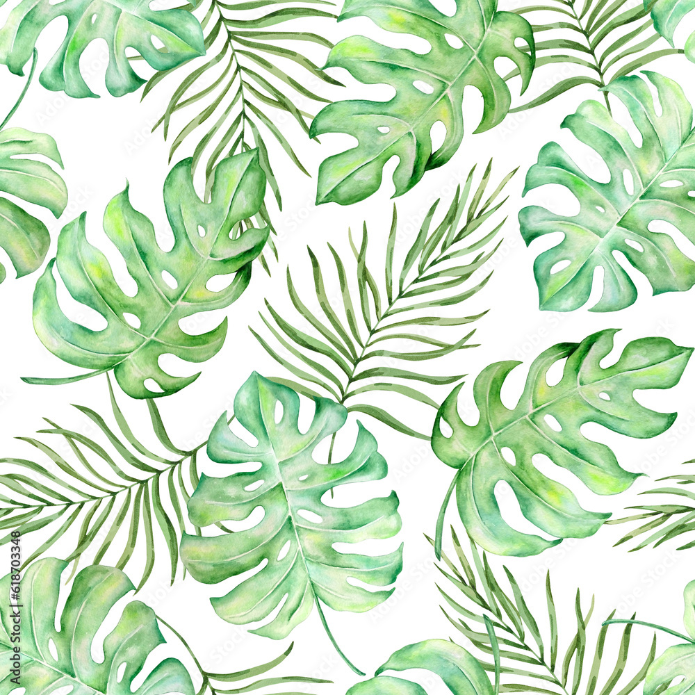 Seamless pattern of watercolor tropical leaves