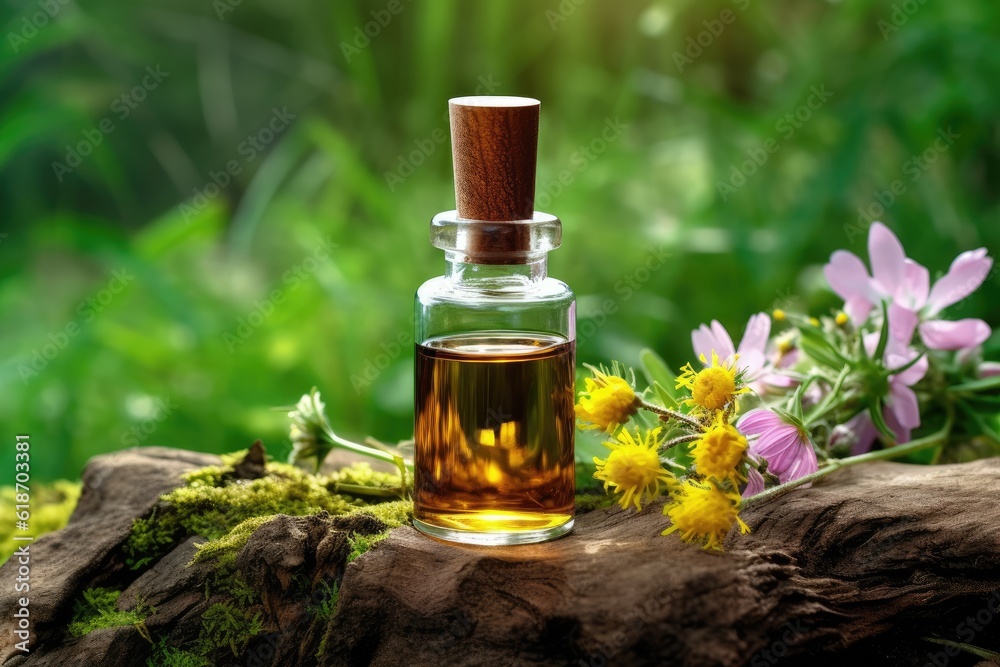glass bottle of herbal essence on a tree stump surounded by flowers - created using generative AI tools glass bottle of herbal essence on a tree stump surounded by flowers - created using generative AI tools