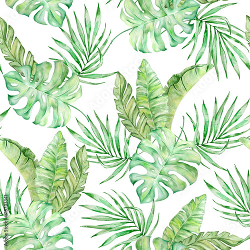 Seamless pattern of watercolor tropical leaves