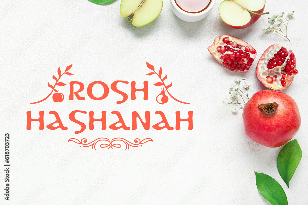 Fototapeta premium Greeting card for Rosh Hasahanh (Jewish New Year) with apples, pomegranates, honey and flowers