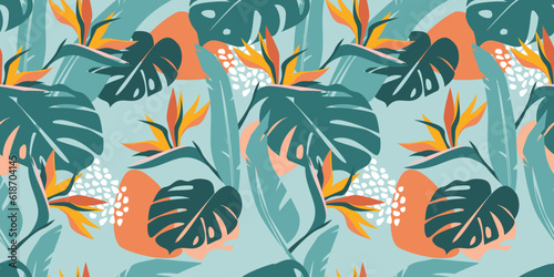 Modern colorful tropical floral pattern. Cute botanical abstract contemporary seamless pattern.
