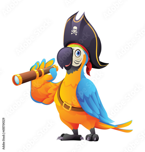 Cute pirate parrot with spyglass cartoon illustration isolated on white background
