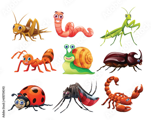 Fotografia Set of cute insects in cartoon style