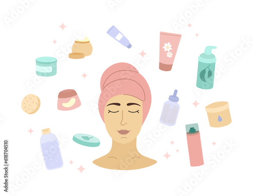 Natural skin care products and young woman no makeup. Self care concept. Daily skincare routine. Organic cosmetics lotion, moisturizer, serum, cleanser. Vector set of flat illustrations