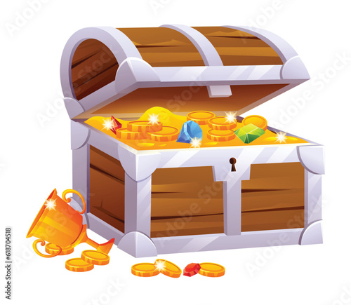 Treasure chest with gold coins and gemstones cartoon illustration