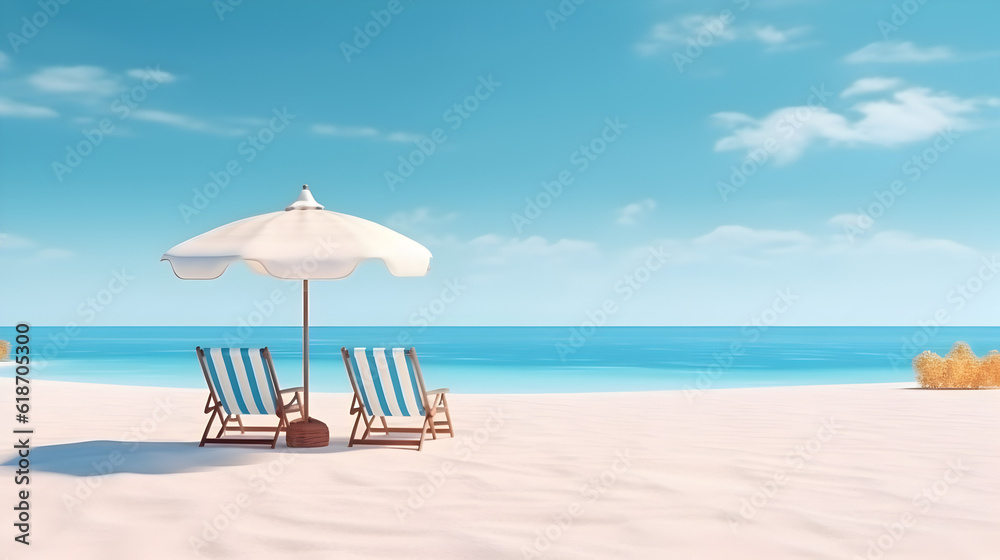 Obraz premium Beautiful beach banner. White sand, chairs and umbrella travel tourism wide panorama background concept. Amazing beach landscape Generative AI