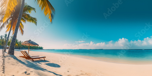 Beautiful beach banner. White sand, chairs and umbrella travel tourism wide panorama background concept. Amazing beach landscape Generative AI