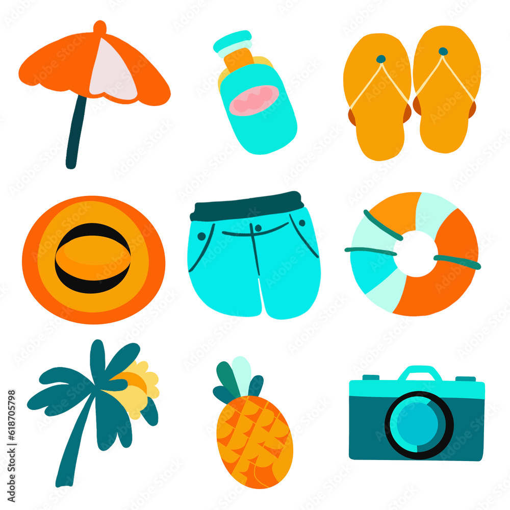Beach Summer Flat Icons Set. Hand Drawn Vector Illustration