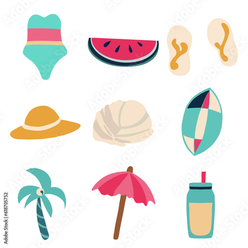 Beach Summer Flat Icons Set. Hand Drawn Vector Illustration