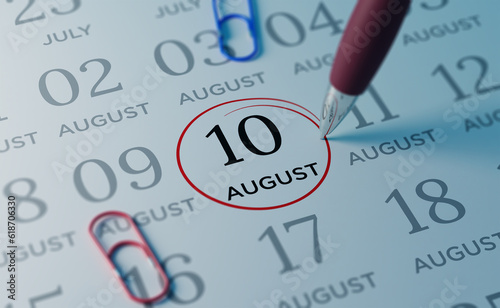 August 10th Calendar date. close up a red circle is drawn on August 10th to remember important events