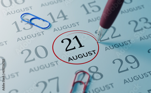 August 21st Calendar date. close up a red circle is drawn on August 21st to remember important events