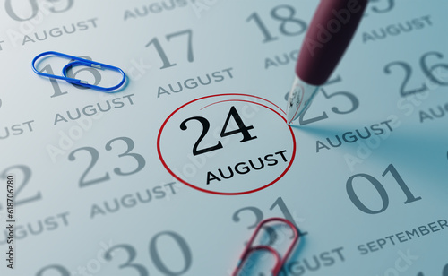 August 24th Calendar date. close up a red circle is drawn on August 24th to remember important events