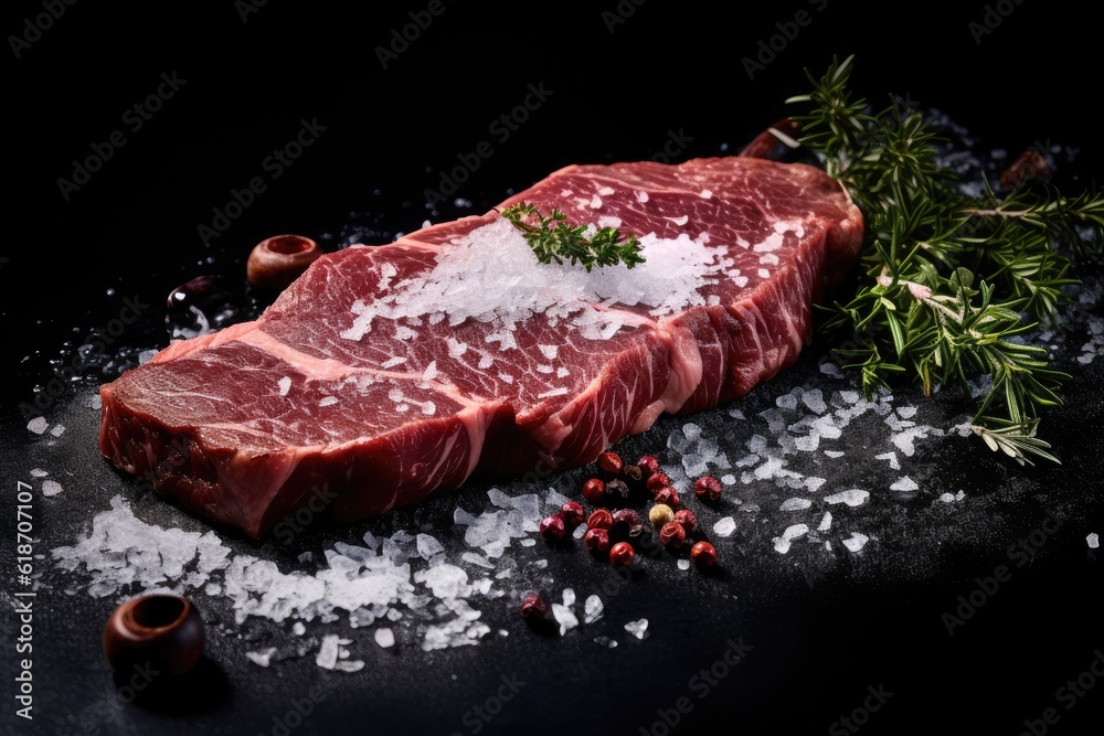 tasty raw steak on a black kitchen counter - created using generative Ai tools