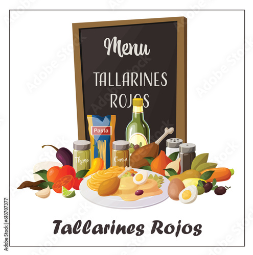Cute vector illustration of a recipe for the peruvian dish tallarines rojos with papa a la huancaina with all its ingredients.