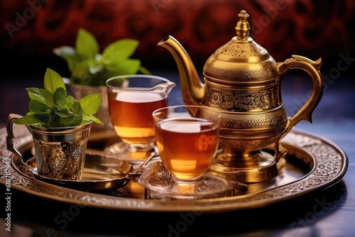 traditional moroccan tea set with decorative teapot - created using generative AI tools