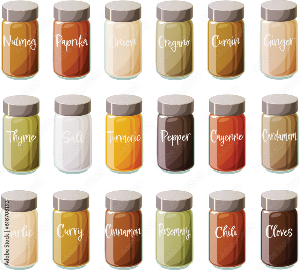 Cute vector illustration of various kinds of herbs and spices in glass jars with a metal lid. Cute vector illustration of various kinds of herbs and spices in glass jars with a metal lid.