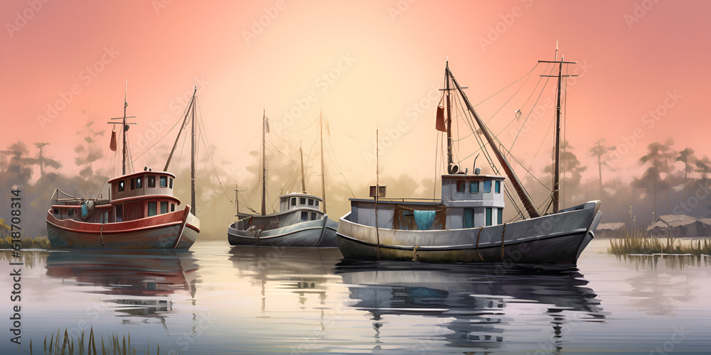 boats at sunset, Golden Hour: Boats Adrift at Sunset, Serene Seascape: Boats Bathed in Sunset Light, Sunset Reflections: Boats on Calm Waters