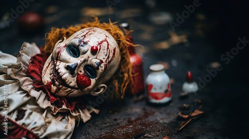 Terrifying clown doll with blood on the floor, a terrifying scene to welcome halloween.