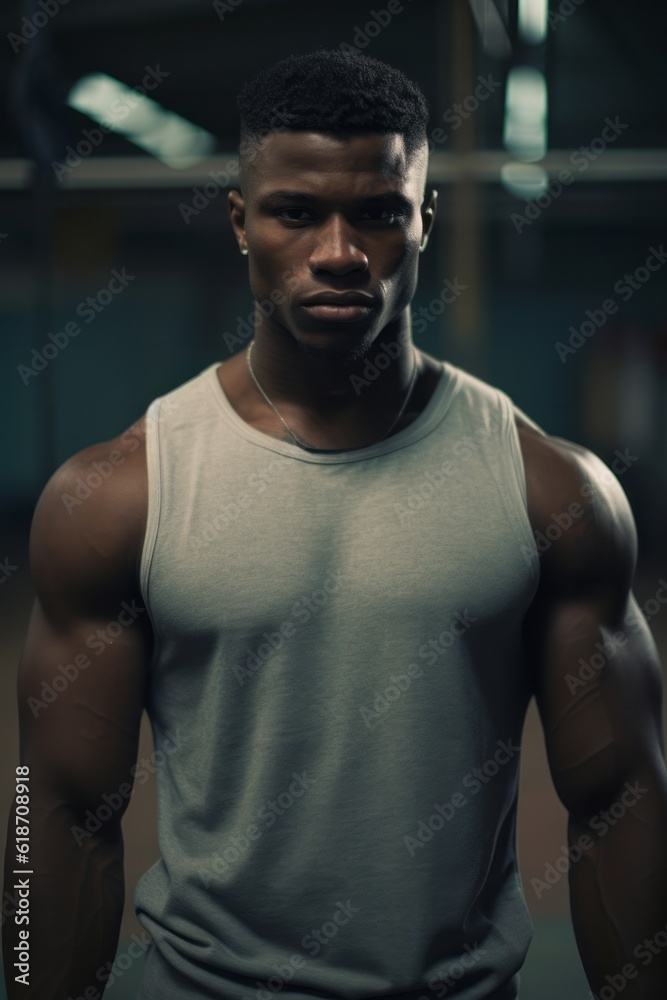 A handsome bodybuilder in a tank top stands with power and strength, exuding confidence and health as he poses in the gym, showcasing his muscular physique