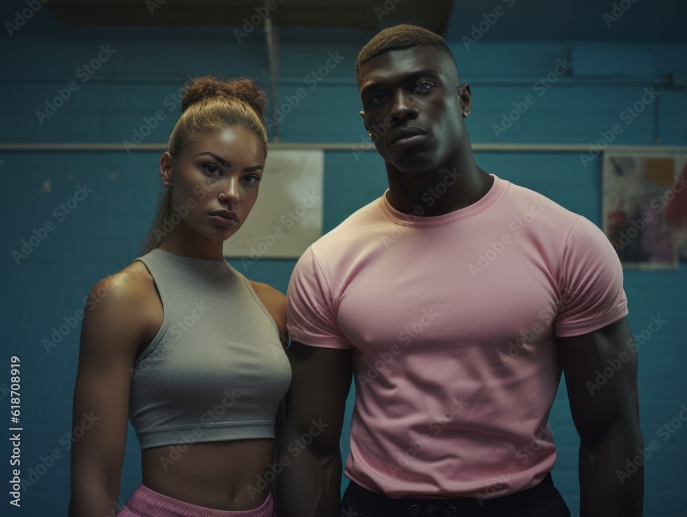 A handsome love couple proudly display their strength and fitness in a powerful pose, inspiring others to reach their health and fitness goals A handsome love couple proudly display their strength and fitness in a powerful pose, inspiring others to reach their health and fitness goals