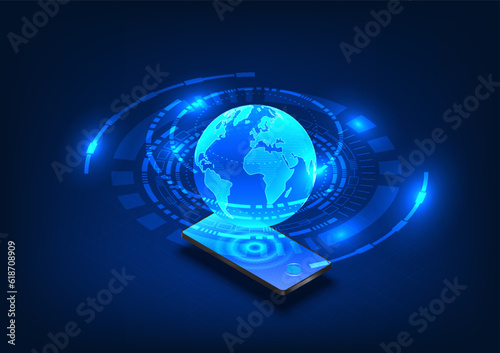 Smart phone project the world within a circle of technology. It symbolizes the seamless connection between technology and the world, enabling universal access to information networks on the Internet