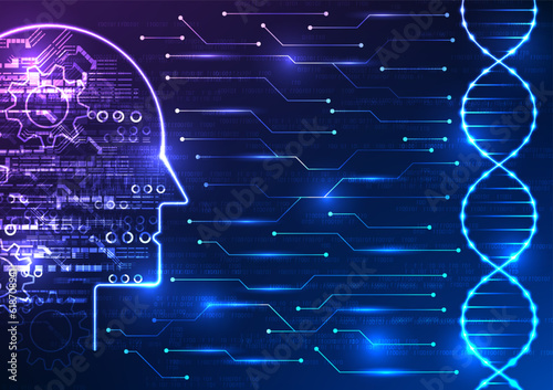 Medical technology and artificial intelligence in a captivating image. Witness the DNA structure connected to an AI brain through a circuit board, with a mesmerizing numerical code backdrop