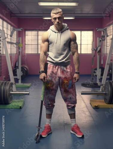 A handsome man stands tall in a gym, his muscles bulging with power as he lifts weights, the sound of bodypump echoing off the walls and floor around him photo